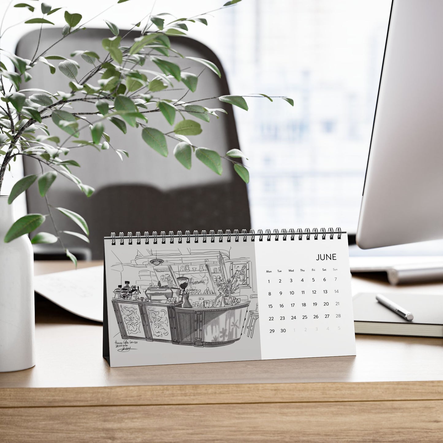 Wellington Coffeeshops Desk Calendar | 2026 Hand-Drawn Monthly Grid