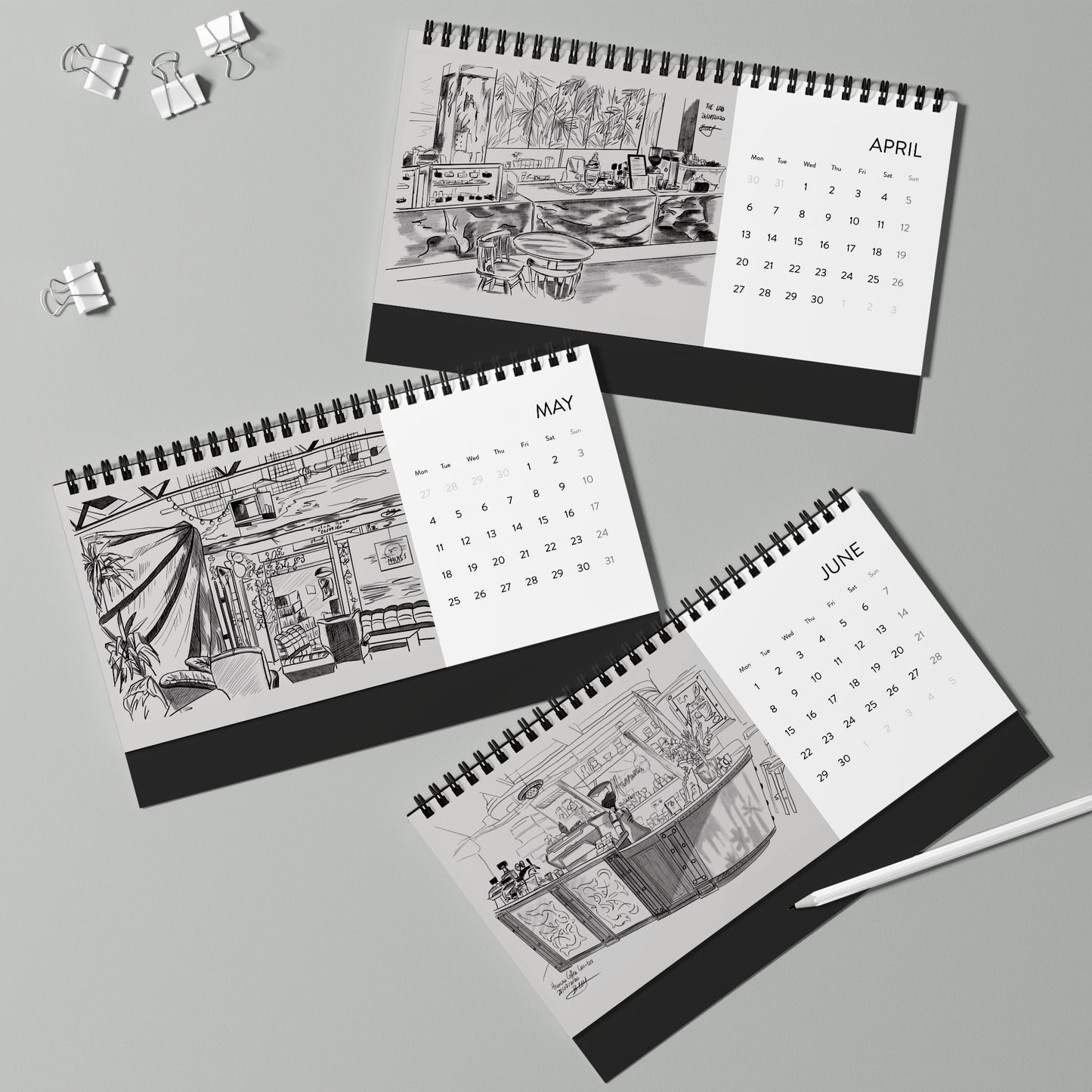 Wellington Coffeeshops Desk Calendar | 2026 Hand-Drawn Monthly Grid