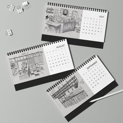 Wellington Coffeeshops Desk Calendar | 2026 Hand-Drawn Monthly Grid
