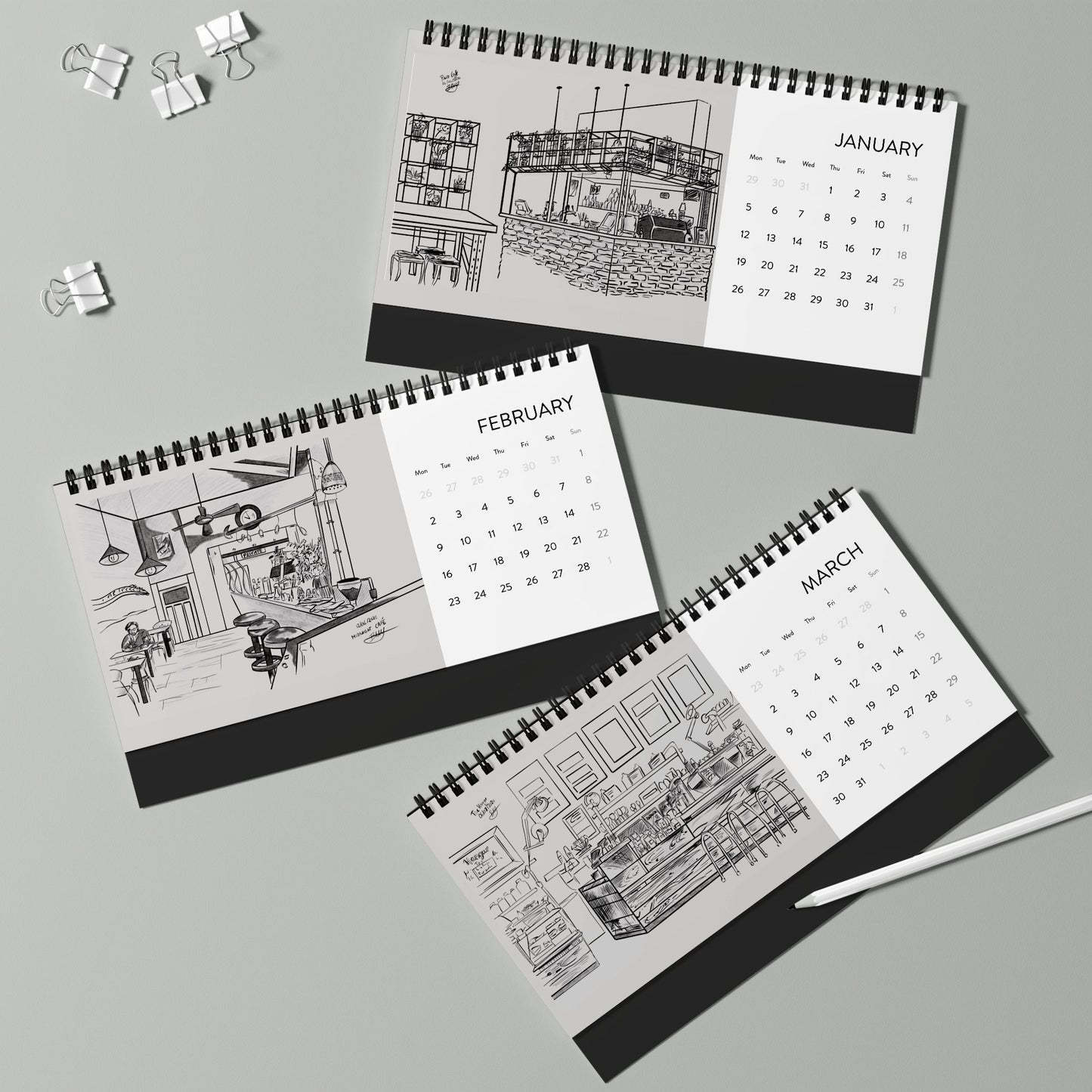 Wellington Coffeeshops Desk Calendar | 2026 Hand-Drawn Monthly Grid