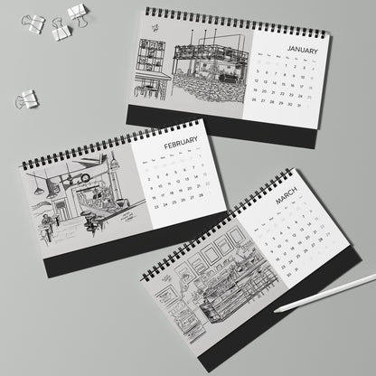 Wellington Coffeeshops Desk Calendar | 2026 Hand-Drawn Monthly Grid