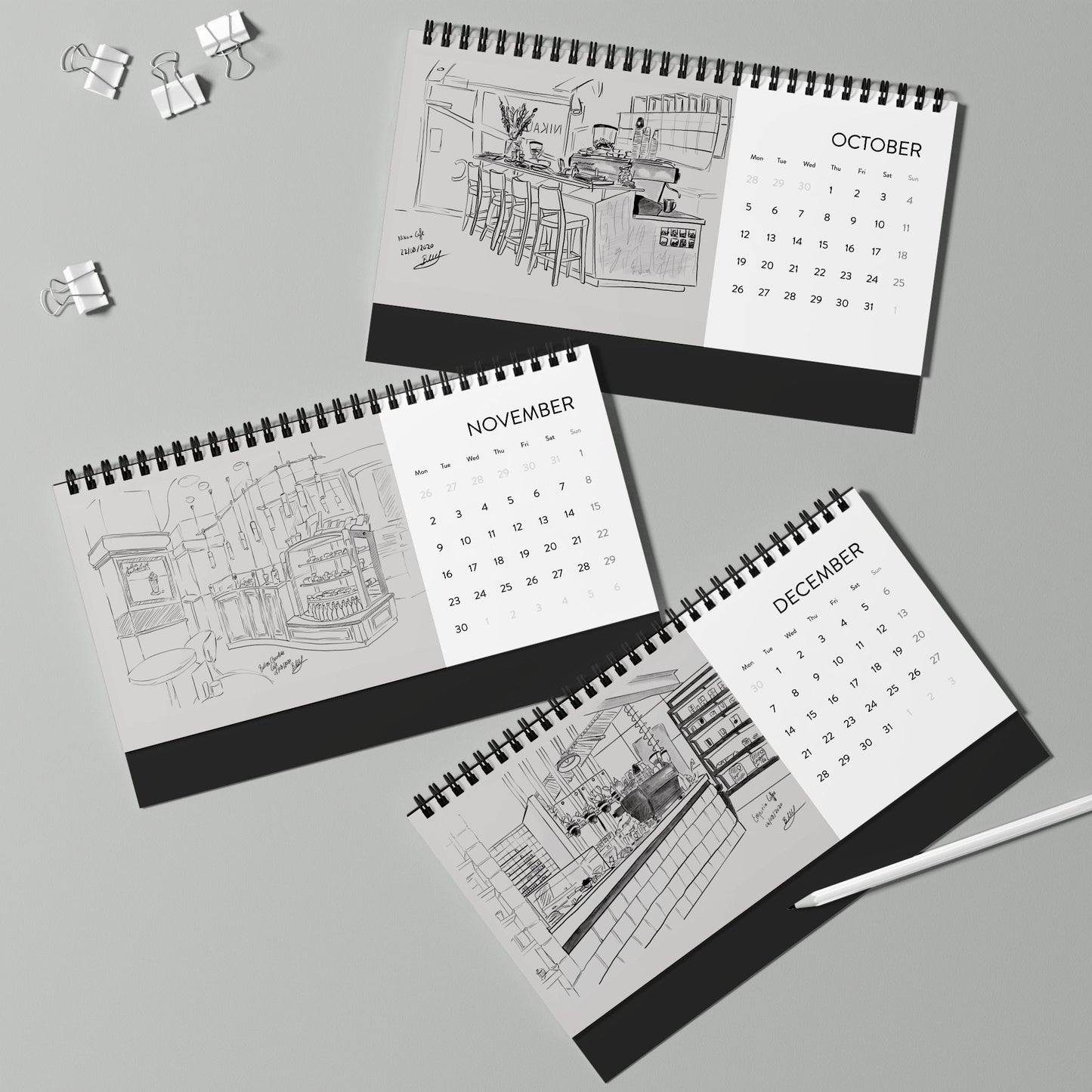 Wellington Coffeeshops Desk Calendar | 2026 Hand-Drawn Monthly Grid