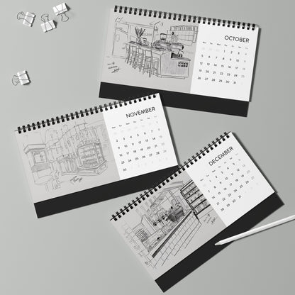 Wellington Coffeeshops Desk Calendar | 2026 Hand-Drawn Monthly Grid