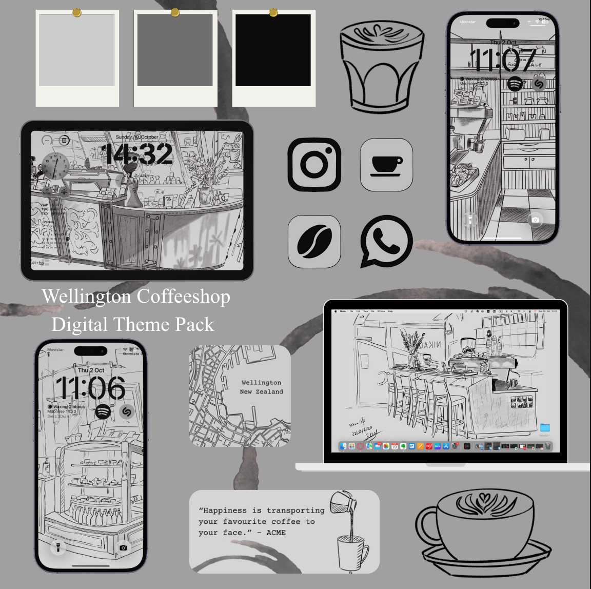 Wellington Café Aesthetic Icon & Widget Pack | Hand-Drawn Monochrome iOS & Android Theme | Digital Home Screen Customization